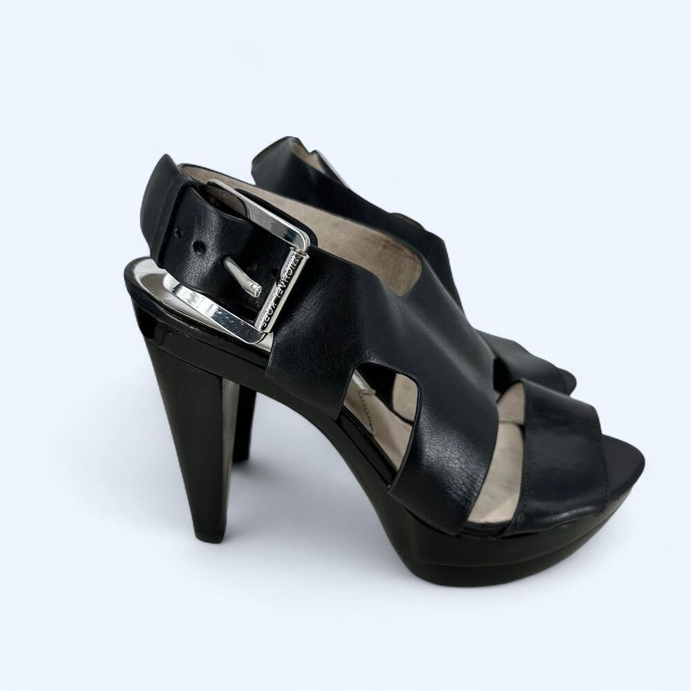 Black Leather Platform Sandals Chunky Stacked High Heels